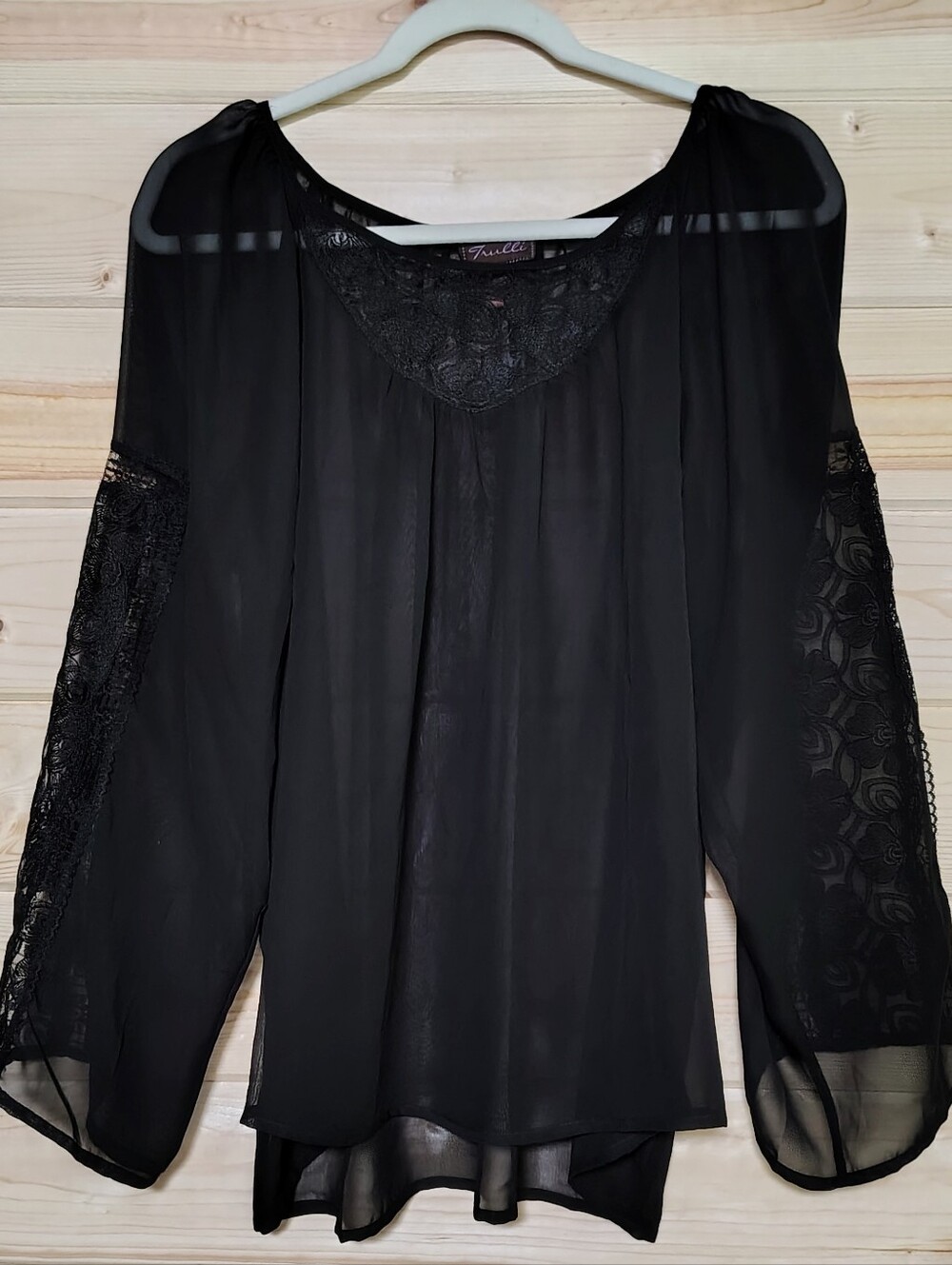 Trulli Black Sheer Chiffon Lace Blouse XL Bell Sleeve Boho Romantic Top Chic